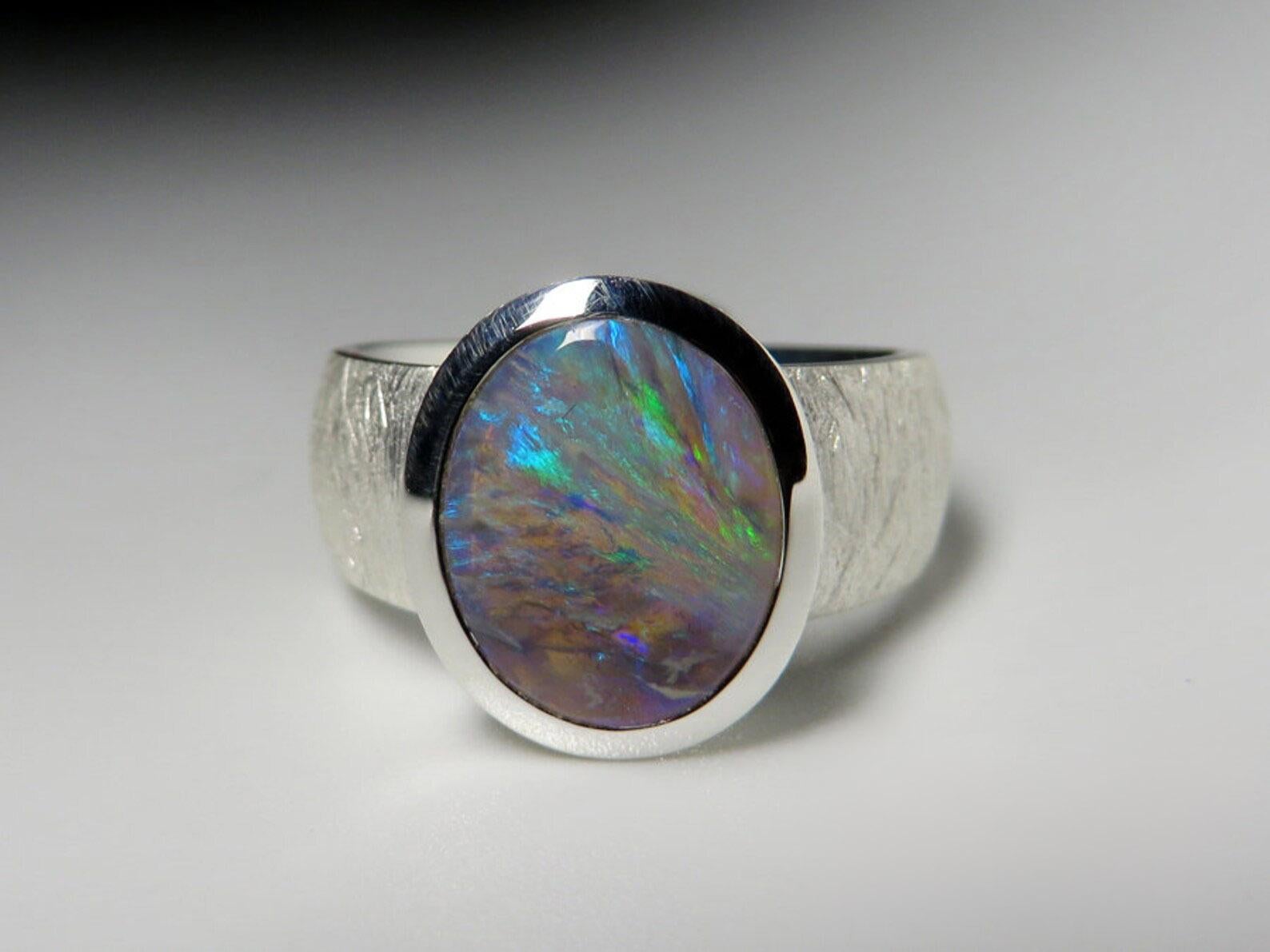 Blue Opal Ring silver Bright Blue  Clouds Pearly Luster Gem For Sale 3