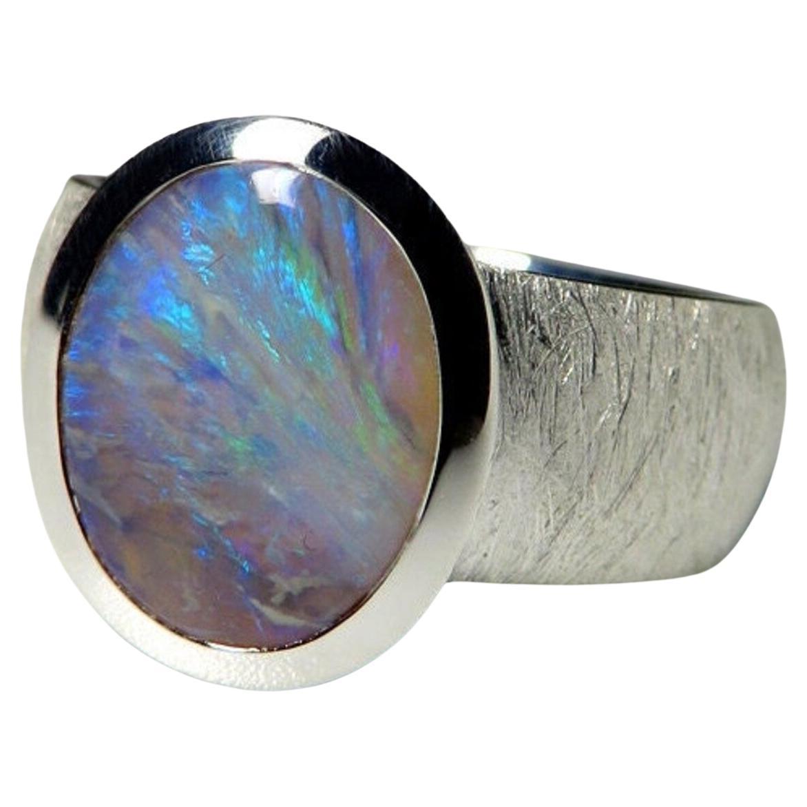 Blue Opal Ring silver Bright Blue  Clouds Pearly Luster Gem For Sale