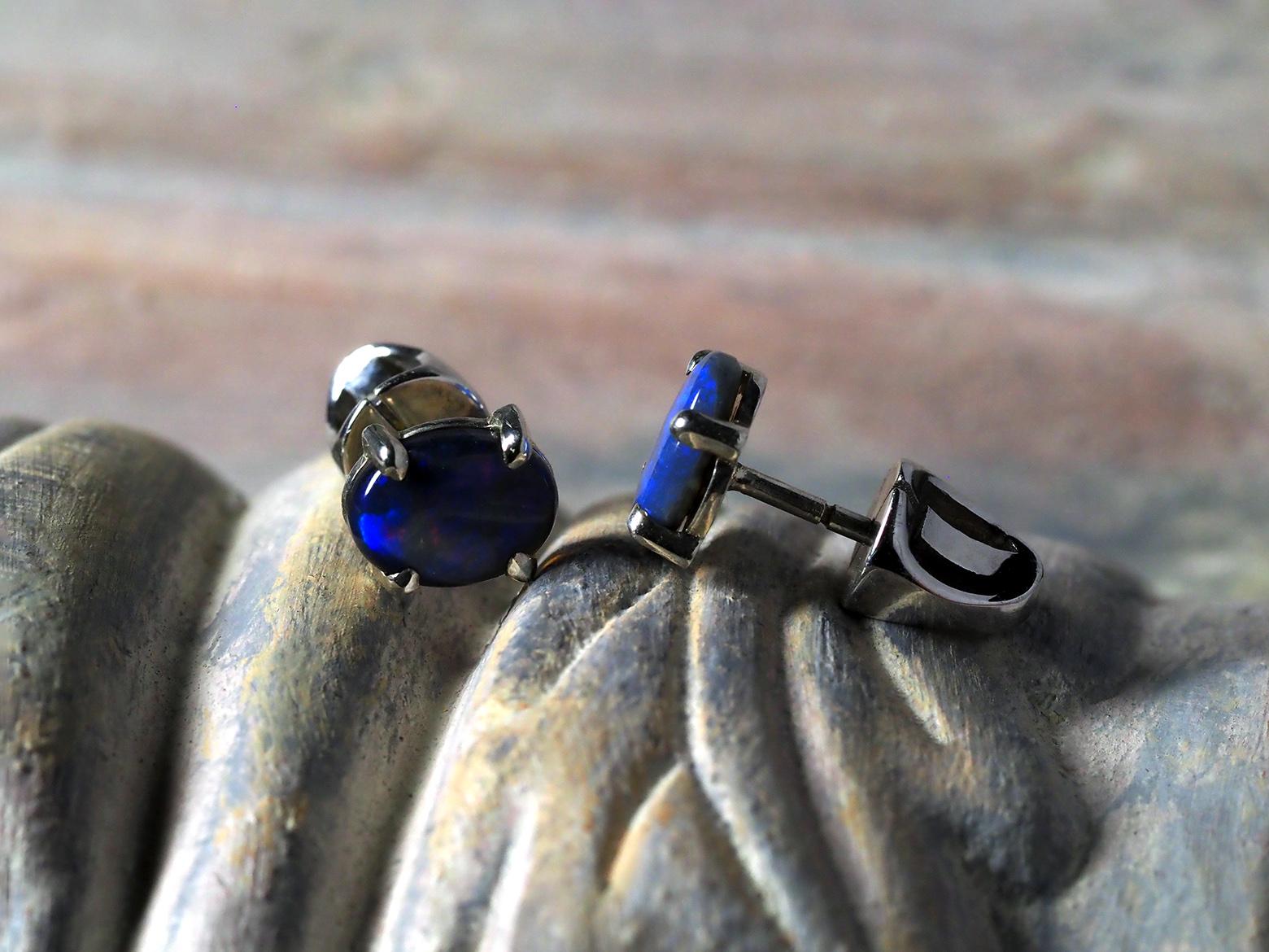 Boucles d'oreilles argent Opale bleue Opale naturelle d'Australie Pierre précieuse de 2,6 carats Cadeau d'épouse en vente 4