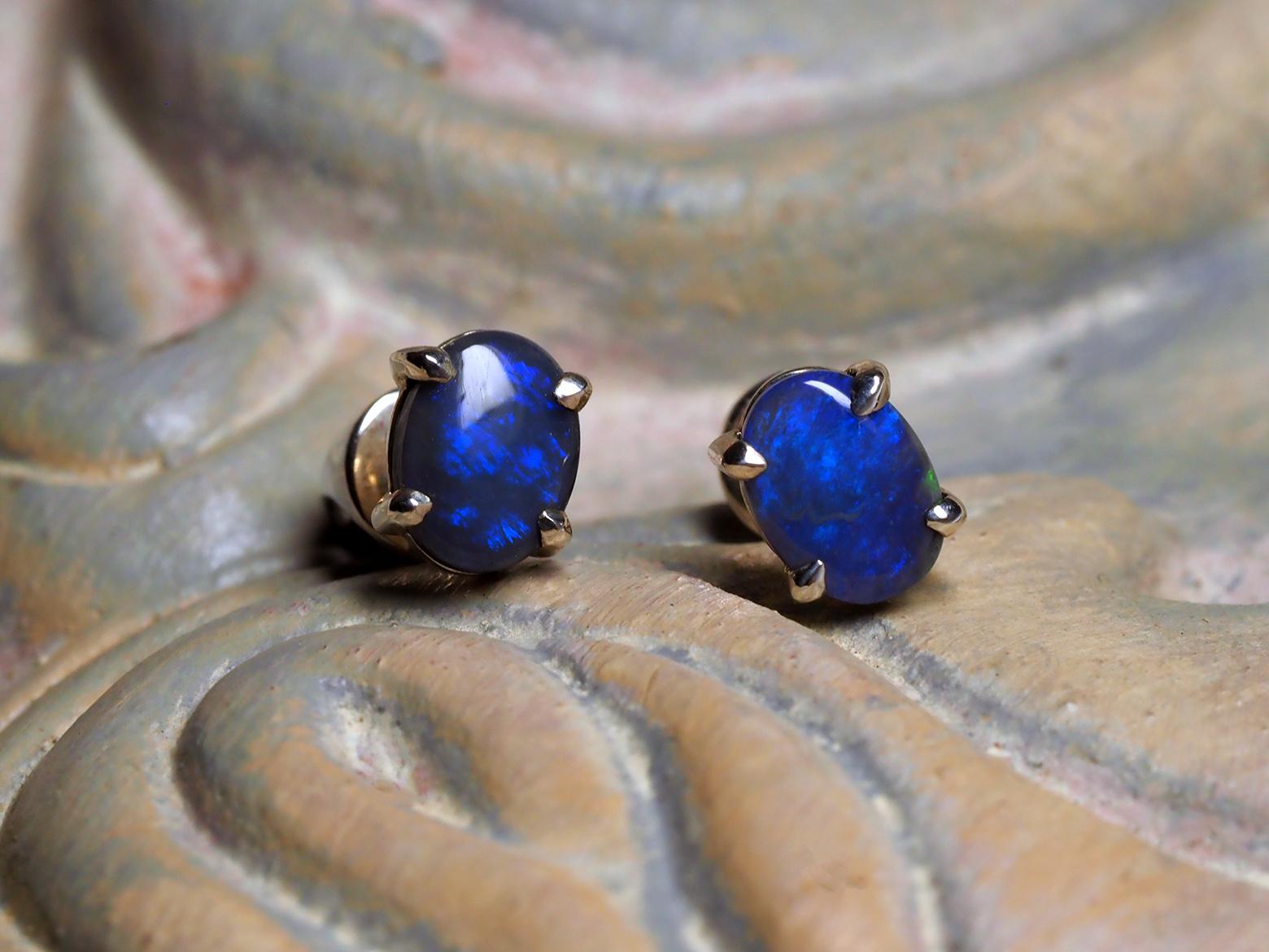 Cabochon Blue Opal Silver Earrings Natural Australian opal Gemstone 2.6 carat wife gift For Sale