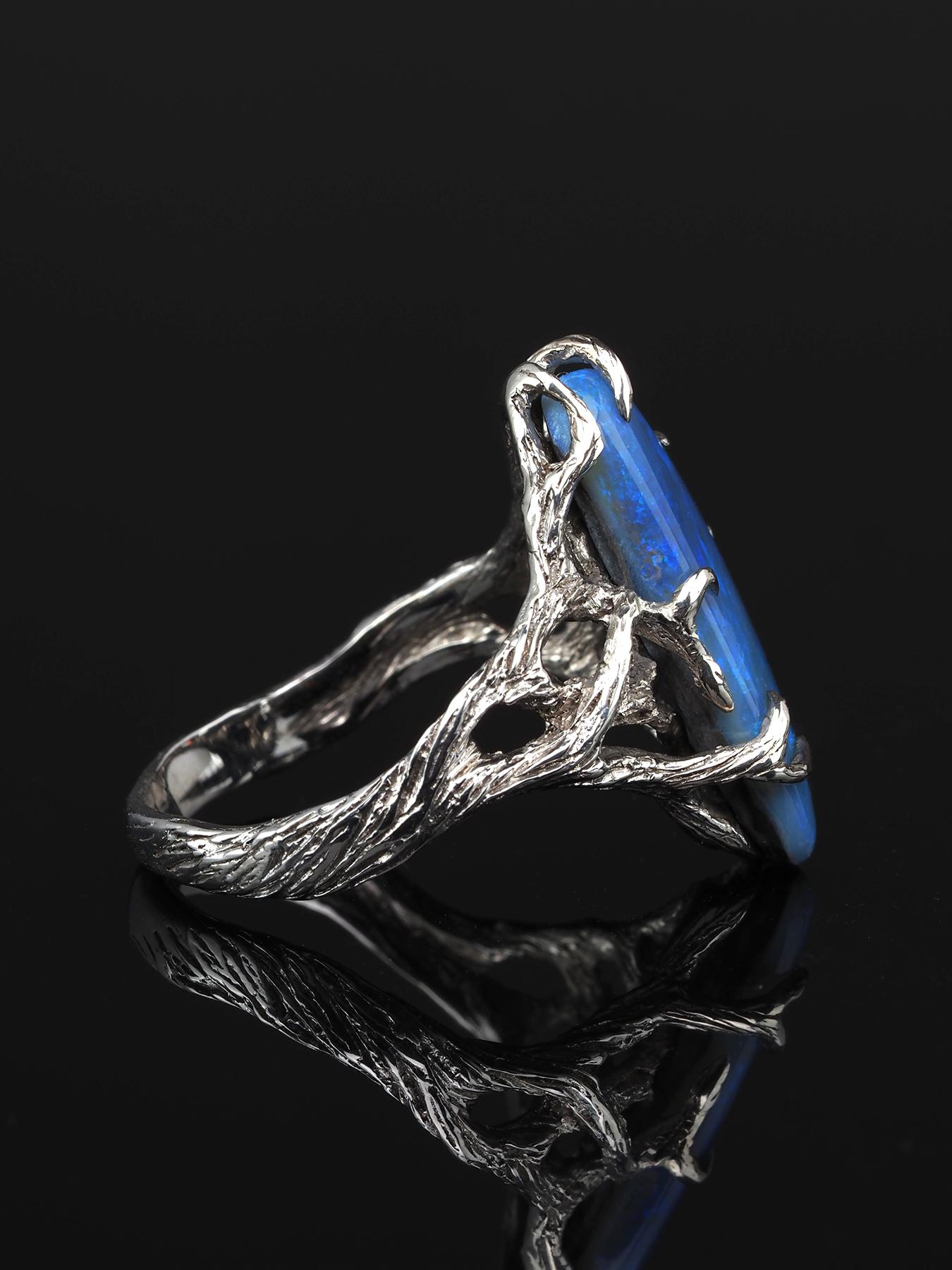Blue Opal Silver Ring Milky Way Natural Australain Gemstone Unisex Jewelry 7