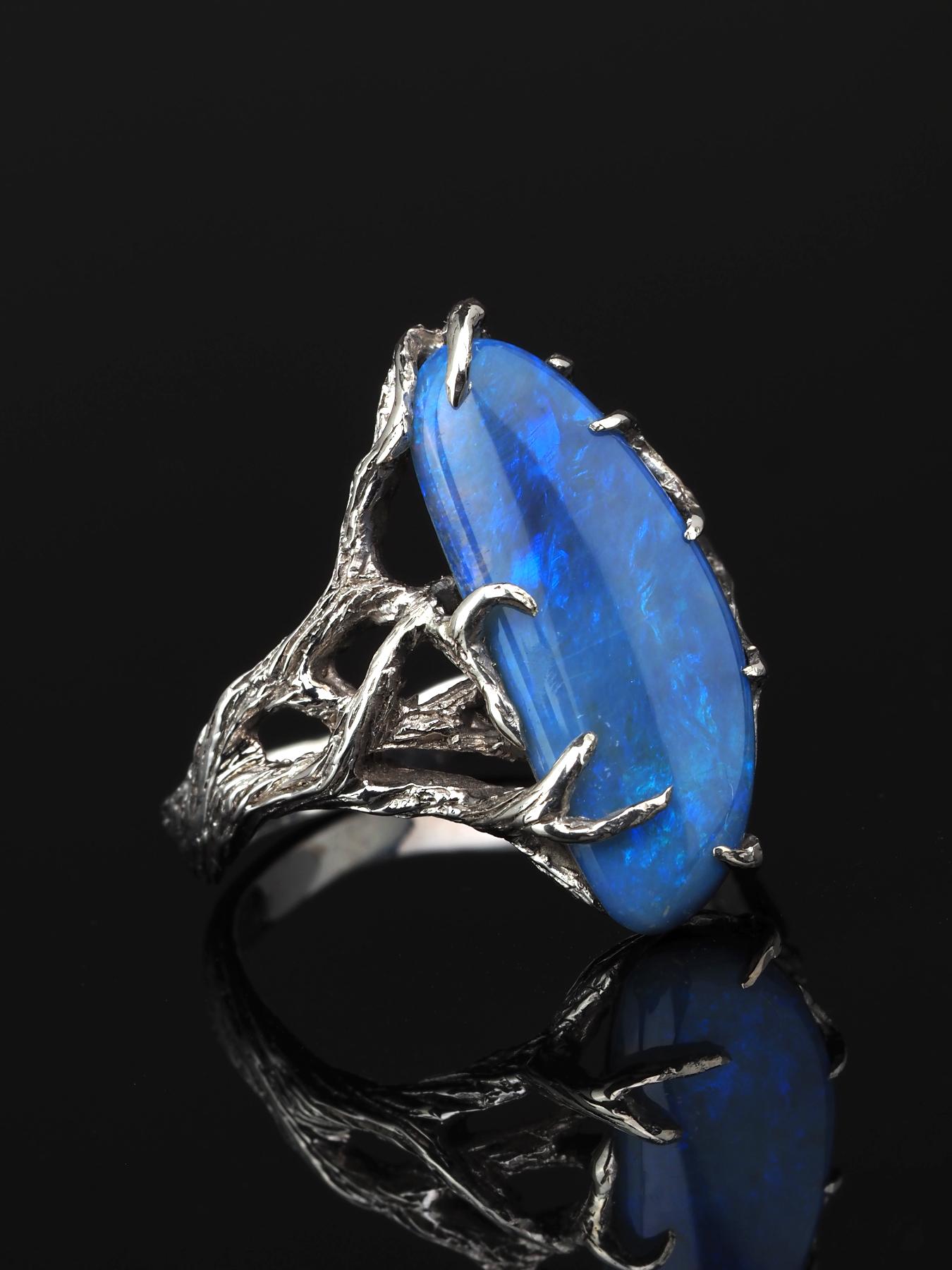 Oval Cut Blue Opal Silver Ring Milky Way Natural Australain Gemstone Unisex Jewelry