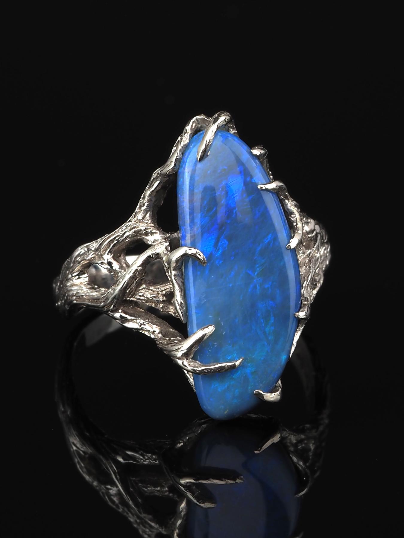 Artisan Blue Opal Silver Ring Milky Way Natural Australain Gemstone Unisex Jewelry