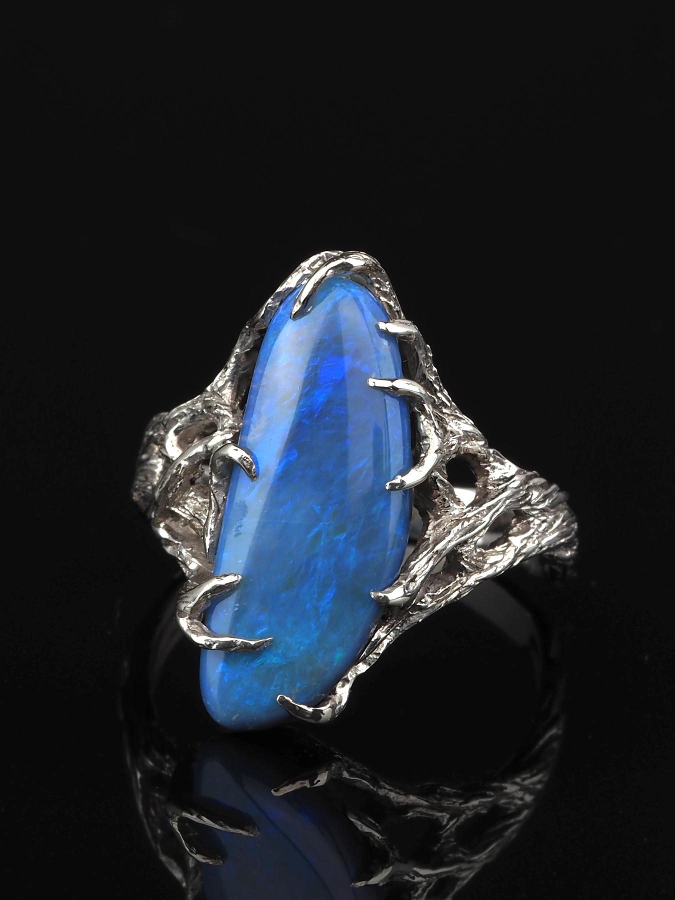 Blue Opal Silver Ring Milky Way Natural Australain Gemstone Unisex Jewelry In New Condition In Berlin, DE