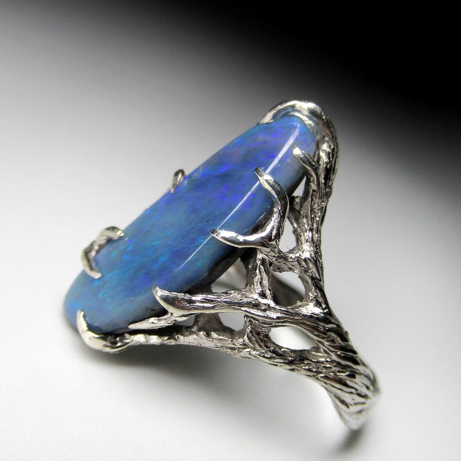 Blue Opal Silver Ring Milky Way Natural Australain Gemstone Unisex Jewelry  For Sale 2