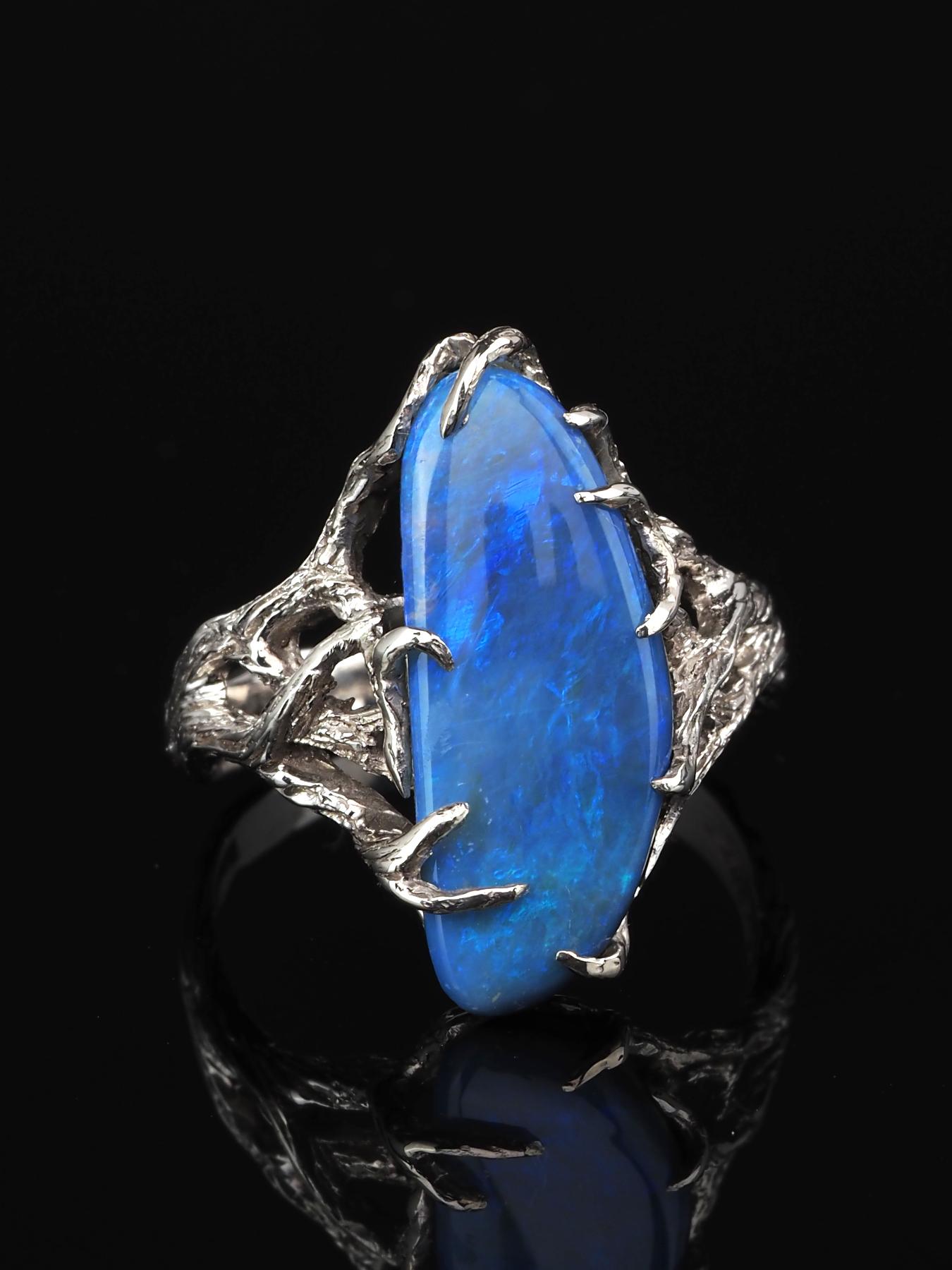 Blue Opal Silver Ring Milky Way Natural Australain Gemstone Unisex Jewelry 3