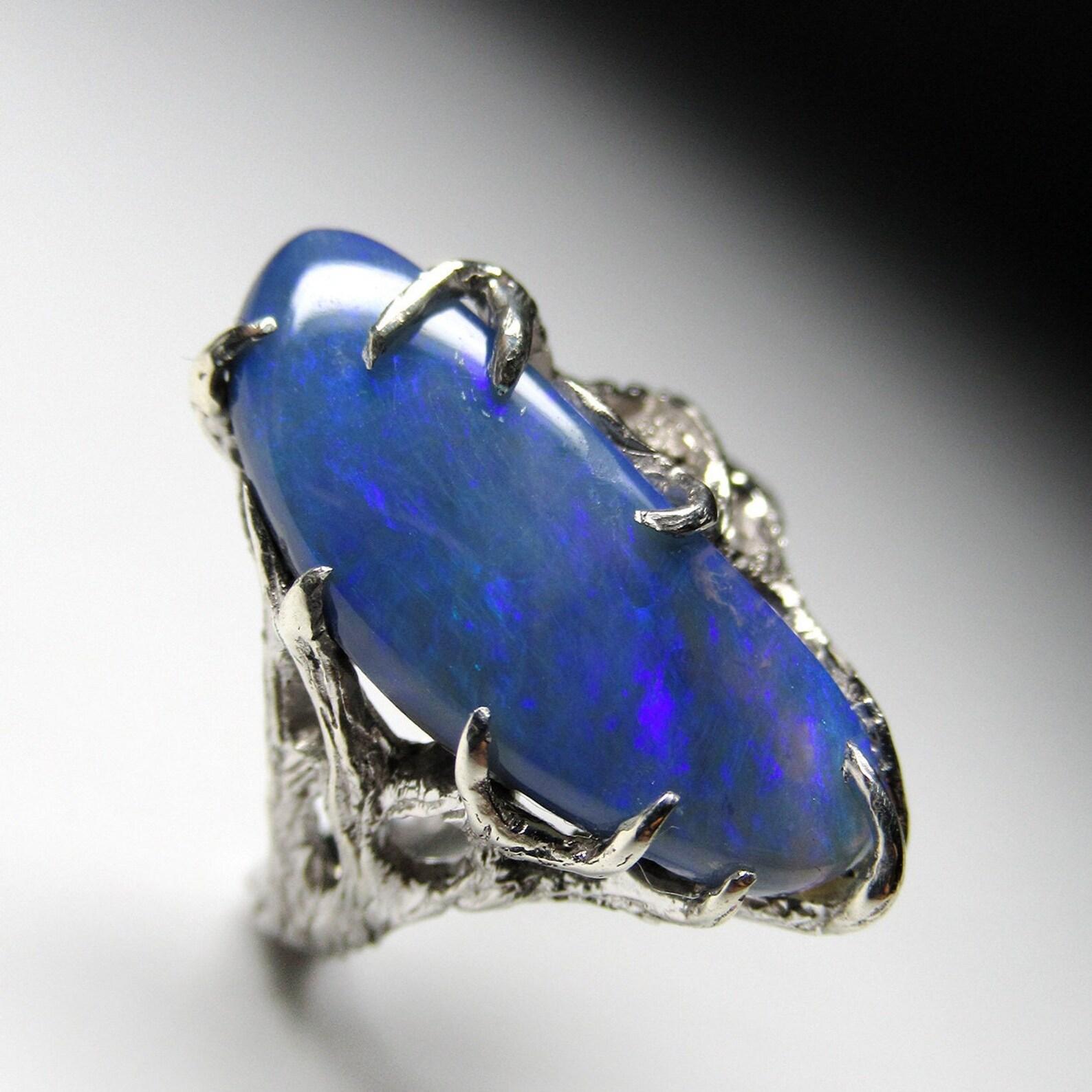 Bague unisexe en argent et opale bleue, pierre précieuse australienne naturelle Milky Way  en vente 2