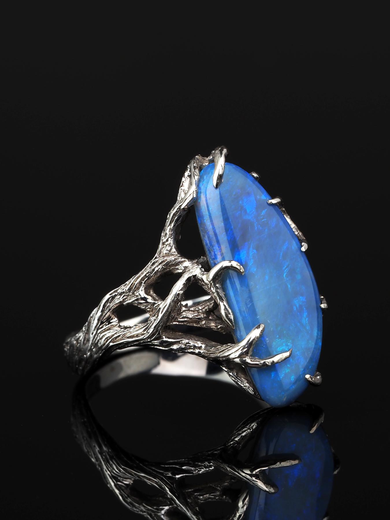 Blue Opal Silver Ring Milky Way Natural Australain Gemstone Unisex Jewelry 4
