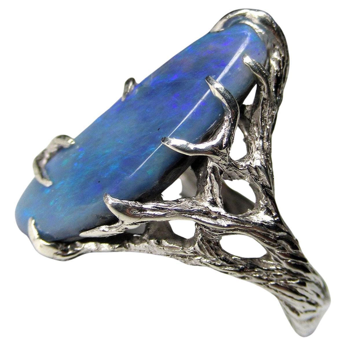 Blue Opal Silver Ring Milky Way Natural Australain Gemstone Unisex Jewelry  For Sale 4