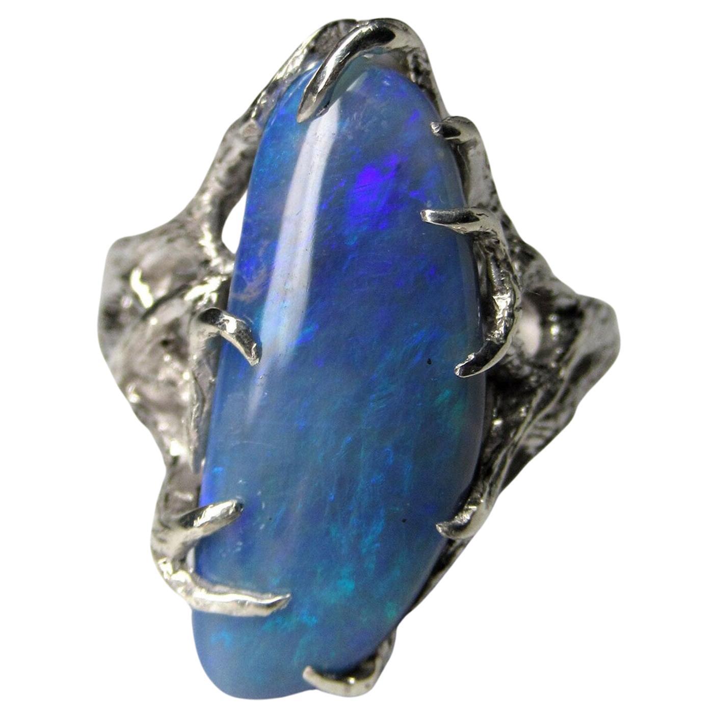 Blue Opal Silver Ring Milky Way Natural Australain Gemstone Unisex Jewelry  For Sale