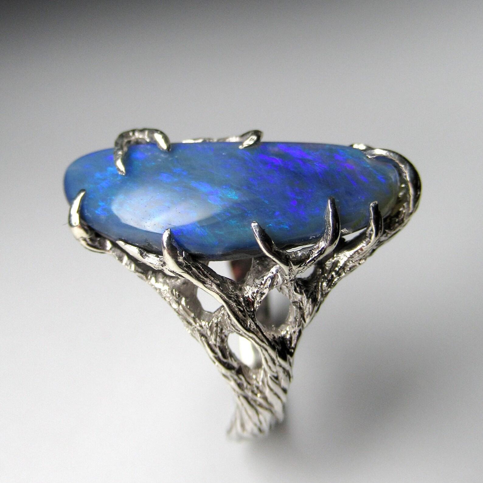 Blauer Opal Silber Ring Milky Way Natürlicher Australain Stein Unisex-Schmuckgeschenk 3ct im Angebot 8