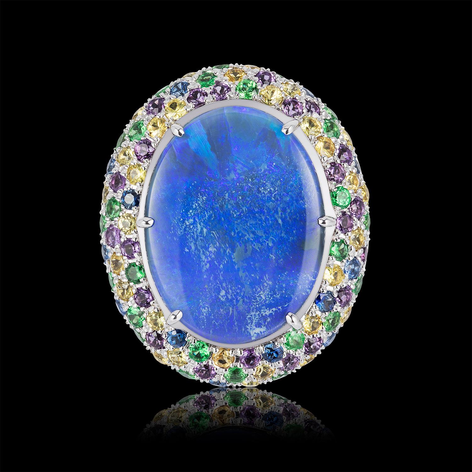 Oval Cut Blue Opal Yellow Blue Sapphire Amethyst Tsavorite Garnet Cocktail Ring 18 Karat