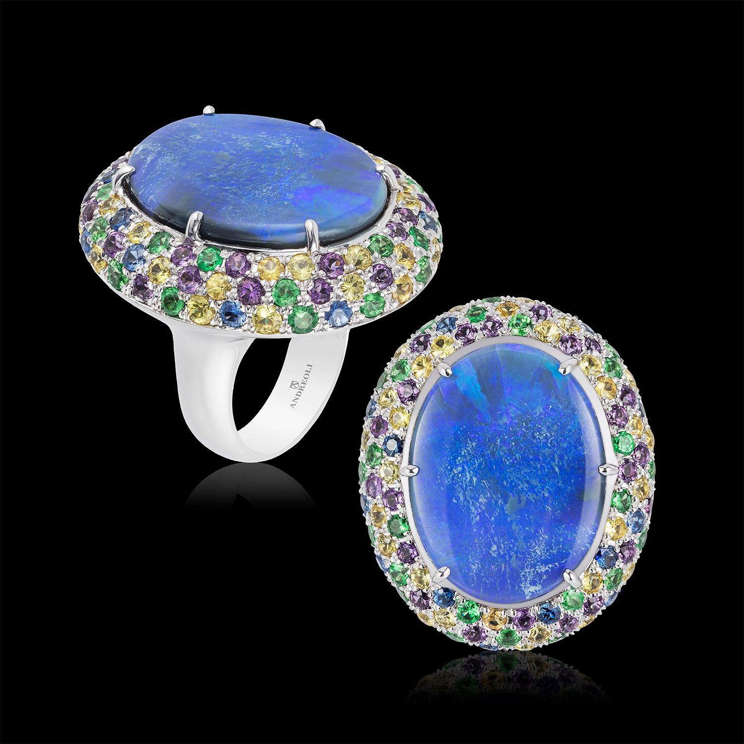 Women's or Men's Blue Opal Yellow Blue Sapphire Amethyst Tsavorite Garnet Cocktail Ring 18 Karat