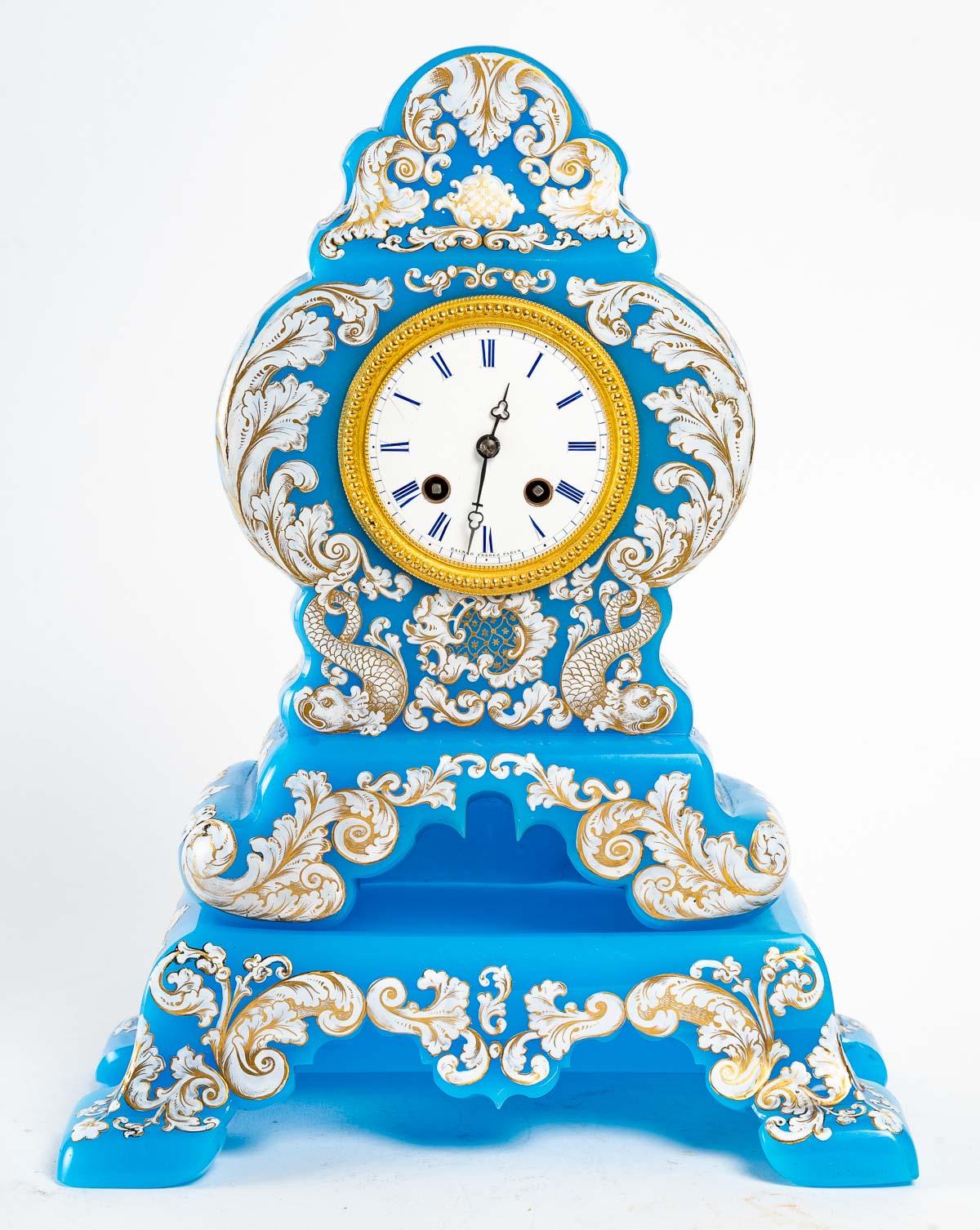 Napoleon III Blue Opaline Clock and Its Base, 19th Century For Sale