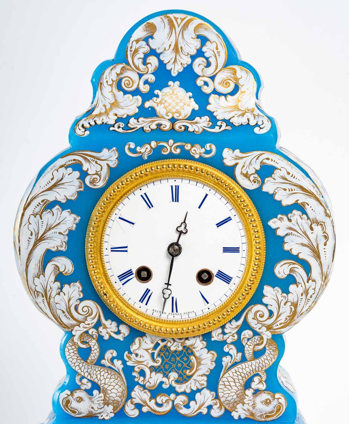 European Blue Opaline Clock and Its Base, 19th Century For Sale