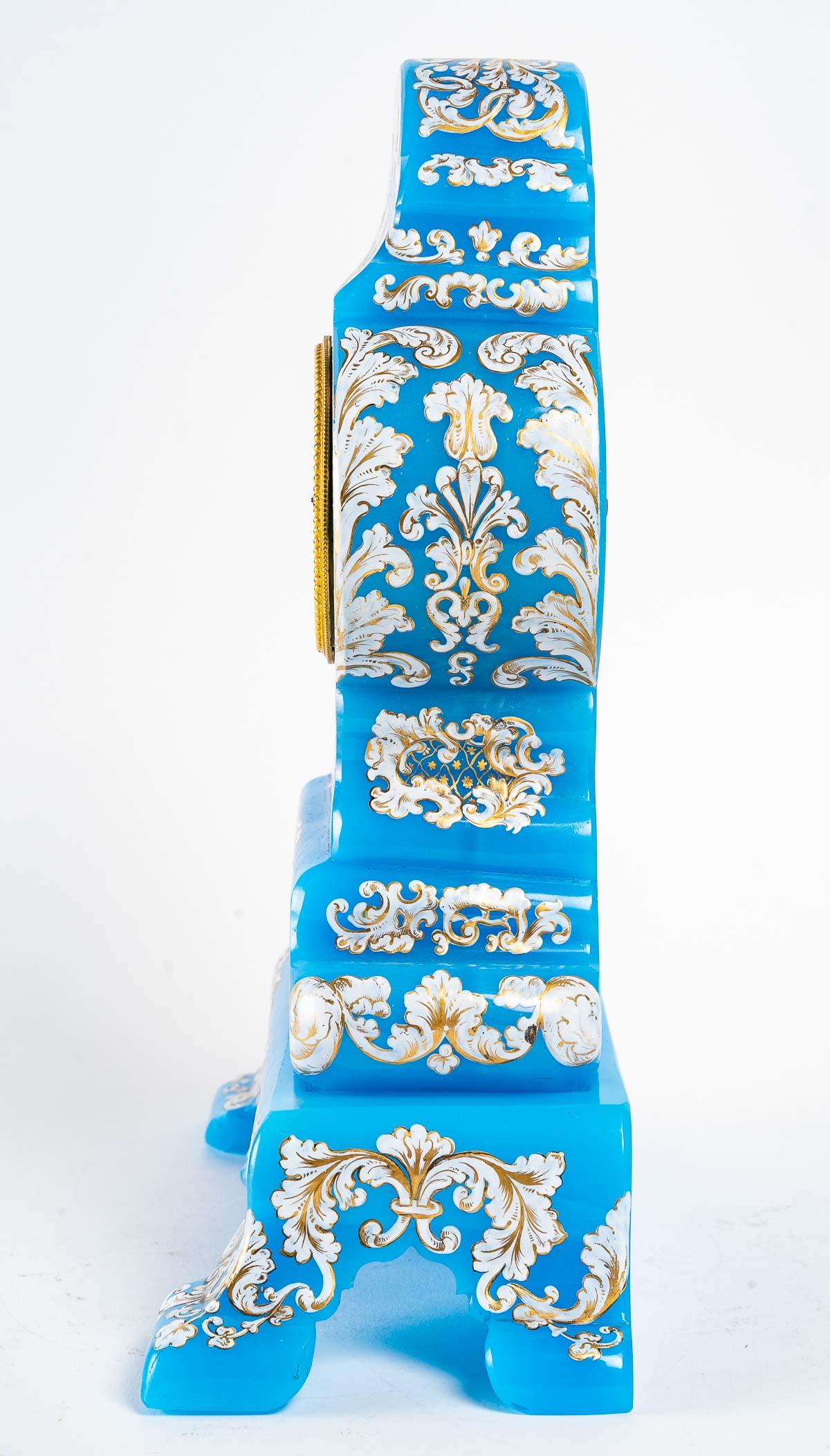 Blue Opaline Clock and Its Base, 19th Century For Sale 1