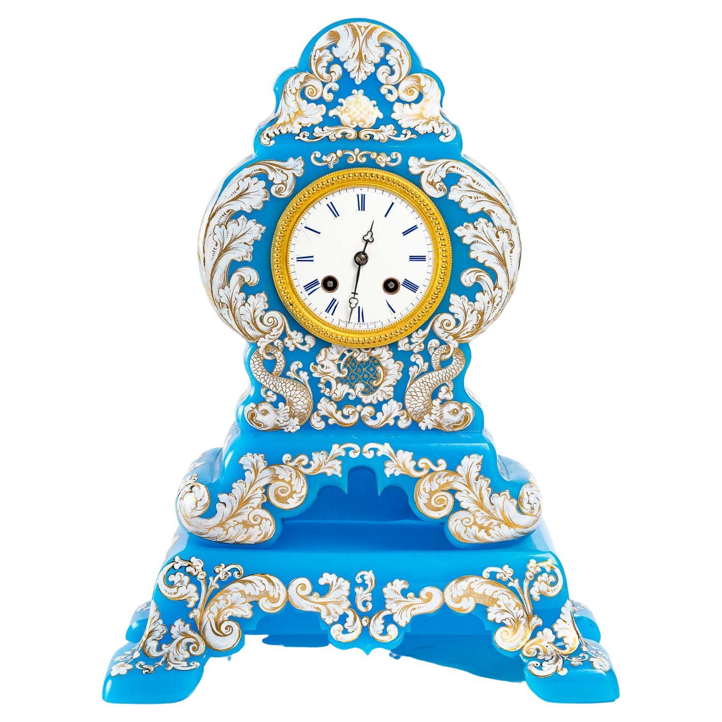 Blue Opaline Clock and Its Base, 19th Century For Sale