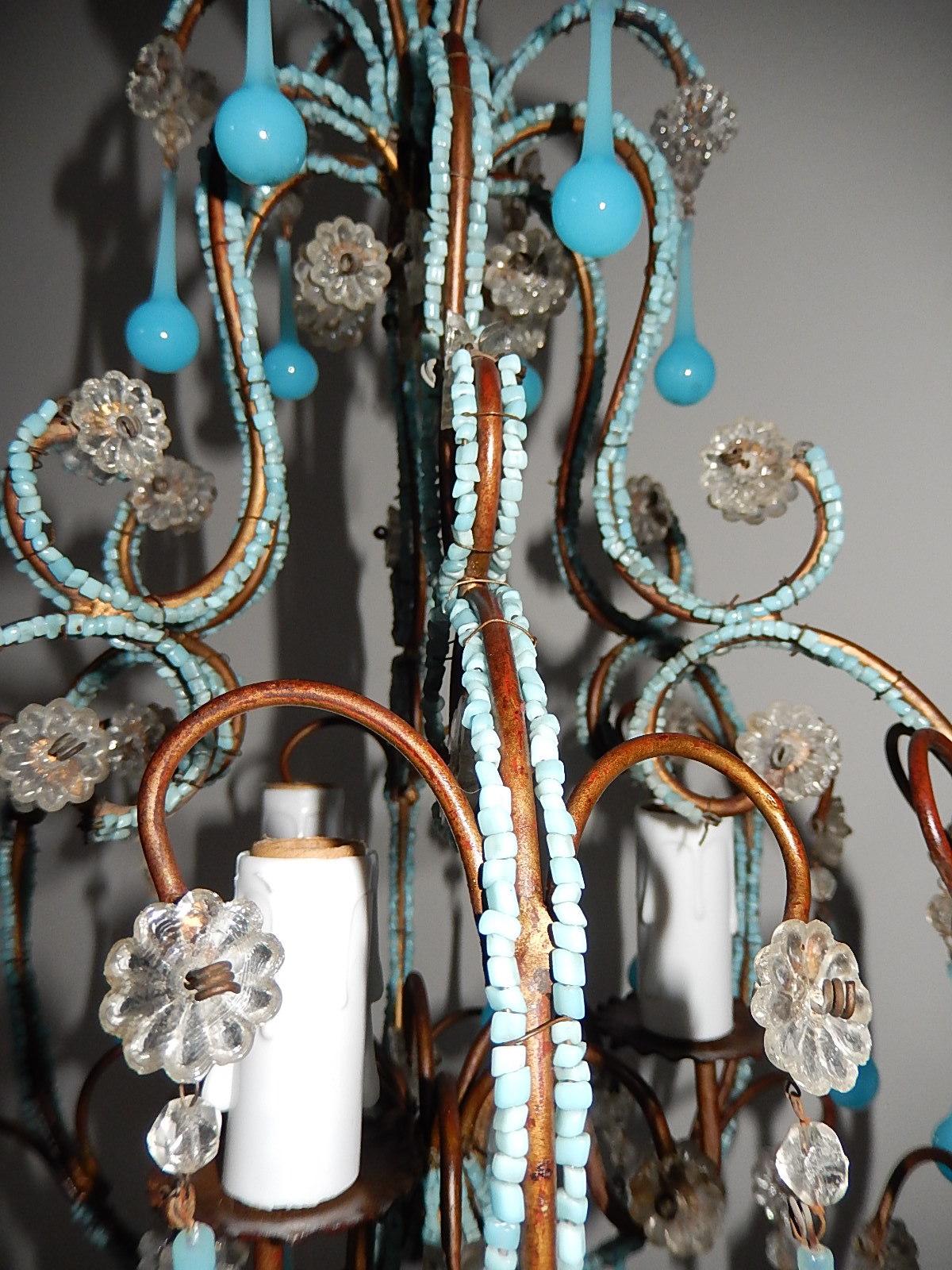 French Blue Opaline Drops Beaded Chandelier, circa 1920 For Sale