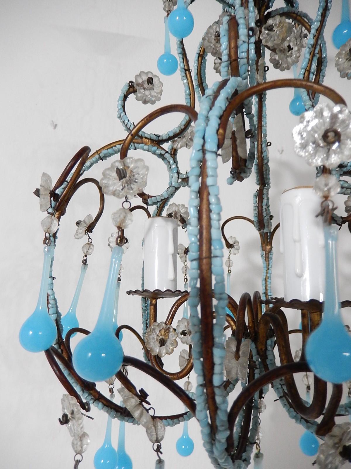 20th Century Blue Opaline Drops Beaded Chandelier, circa 1920 For Sale