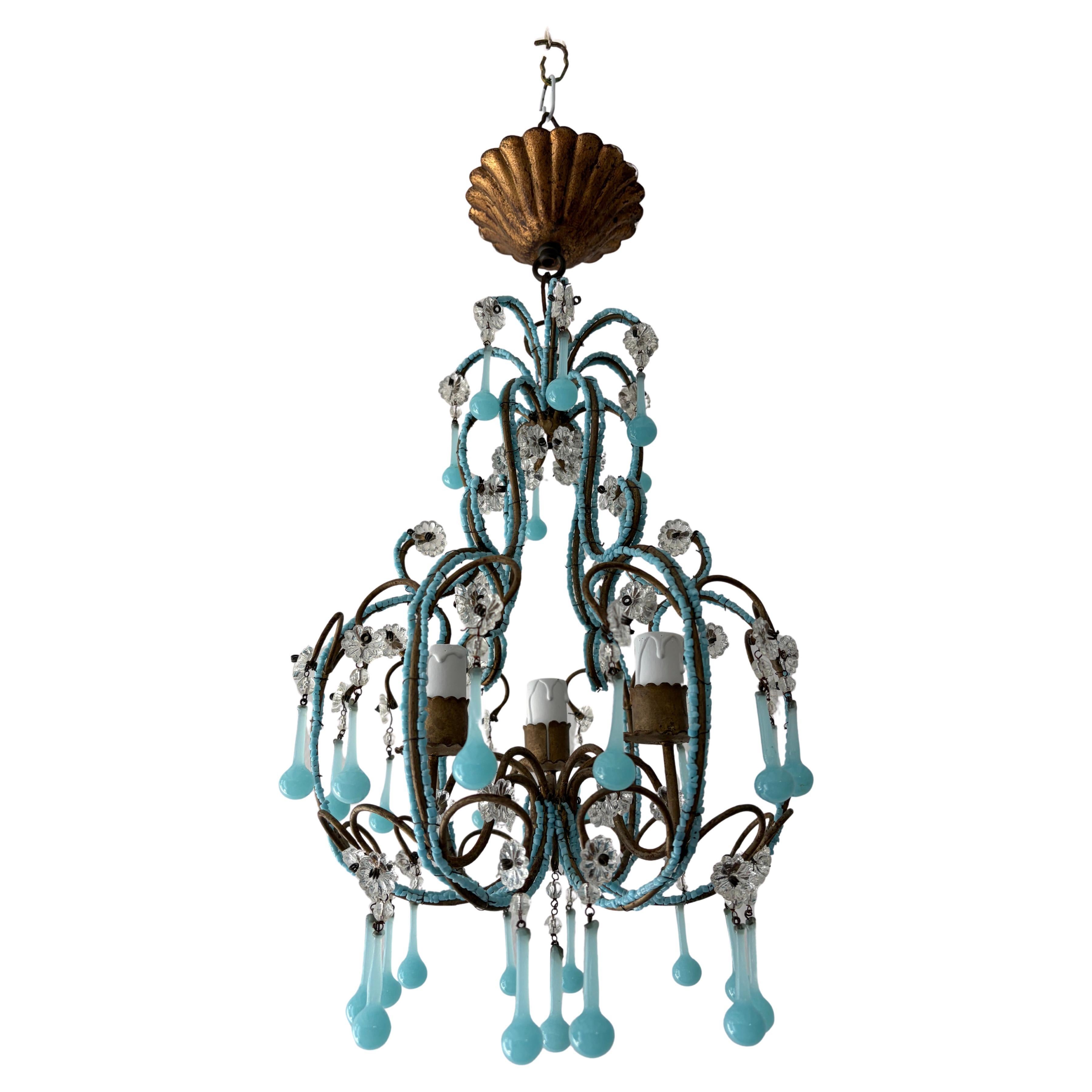 Blue Opaline Drops Beaded Chandelier, circa 1920