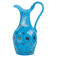 Blue Opaline Ewer, 19th Century.  Blue Opaline Ewer, Silver Enamelled.