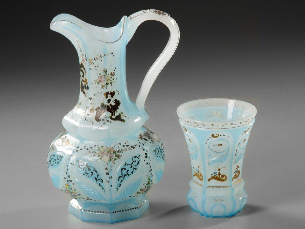 European Blue Opaline Ewer And Cup 19th Century