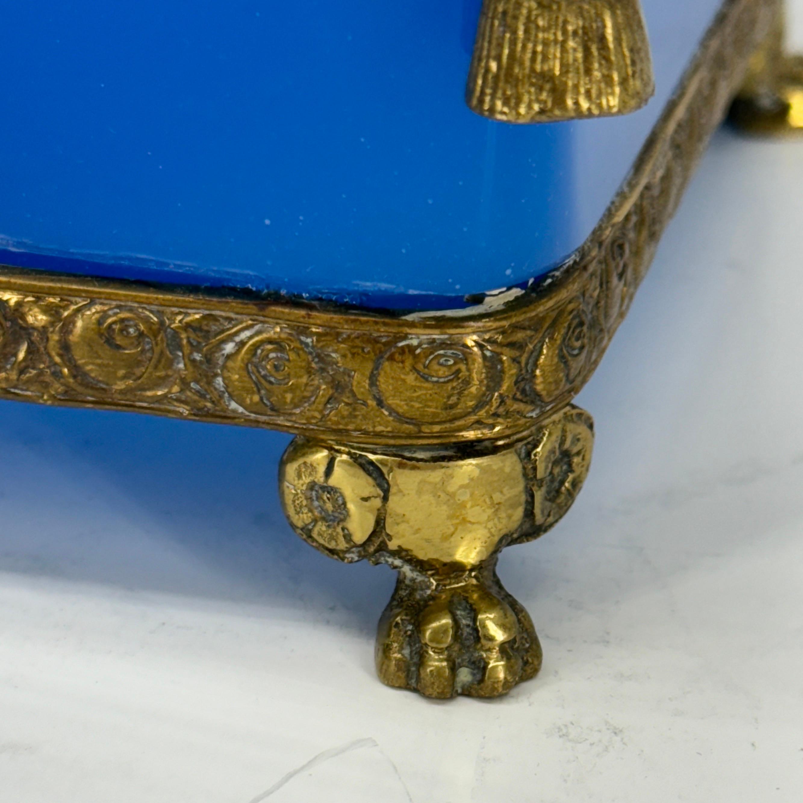 Blue Opaline Glass Cube and Gilted Brass Planter For Sale 4