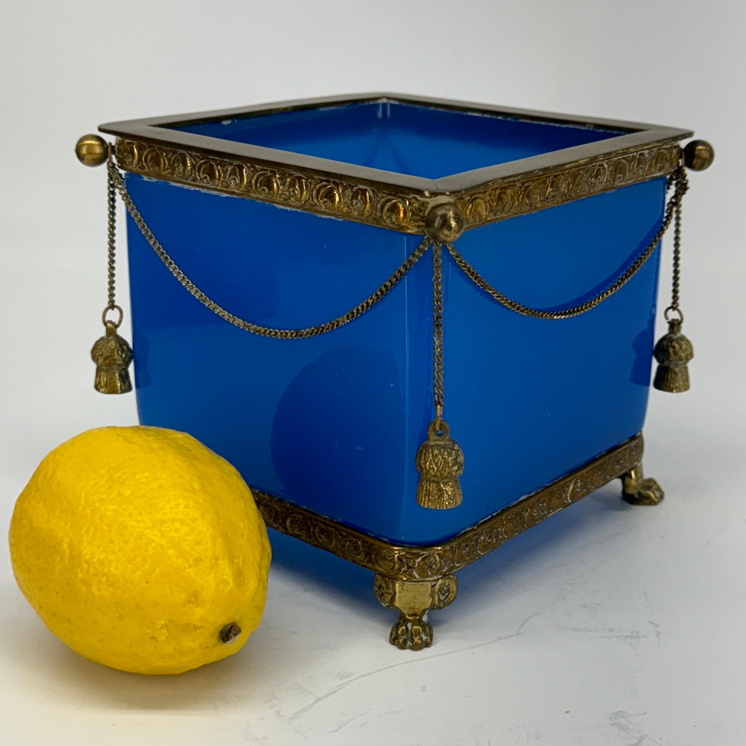 Blue Opaline Glass Cube and Gilted Brass Planter For Sale 5