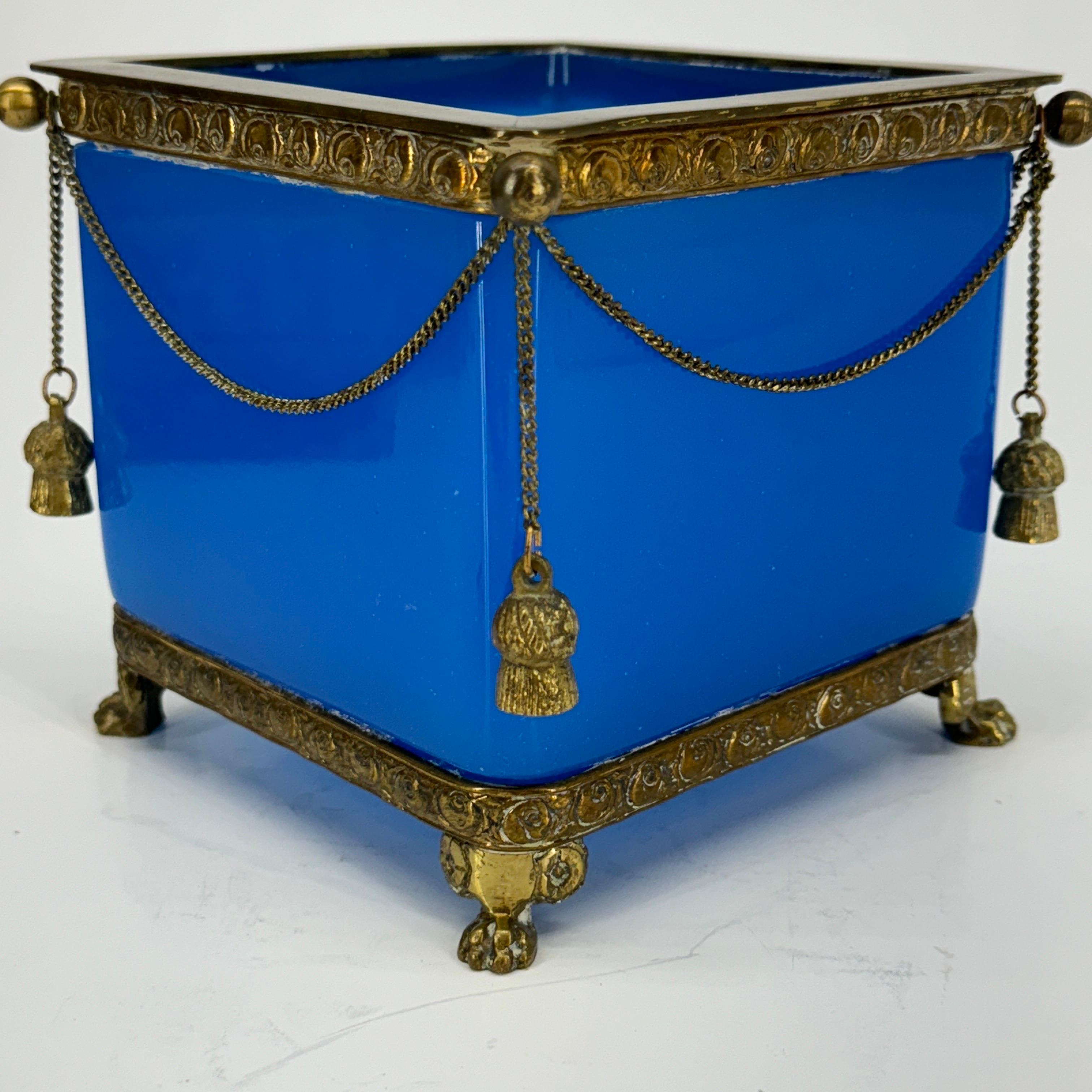 Blue Opaline Glass Cube and Gilted Brass Planter For Sale 6