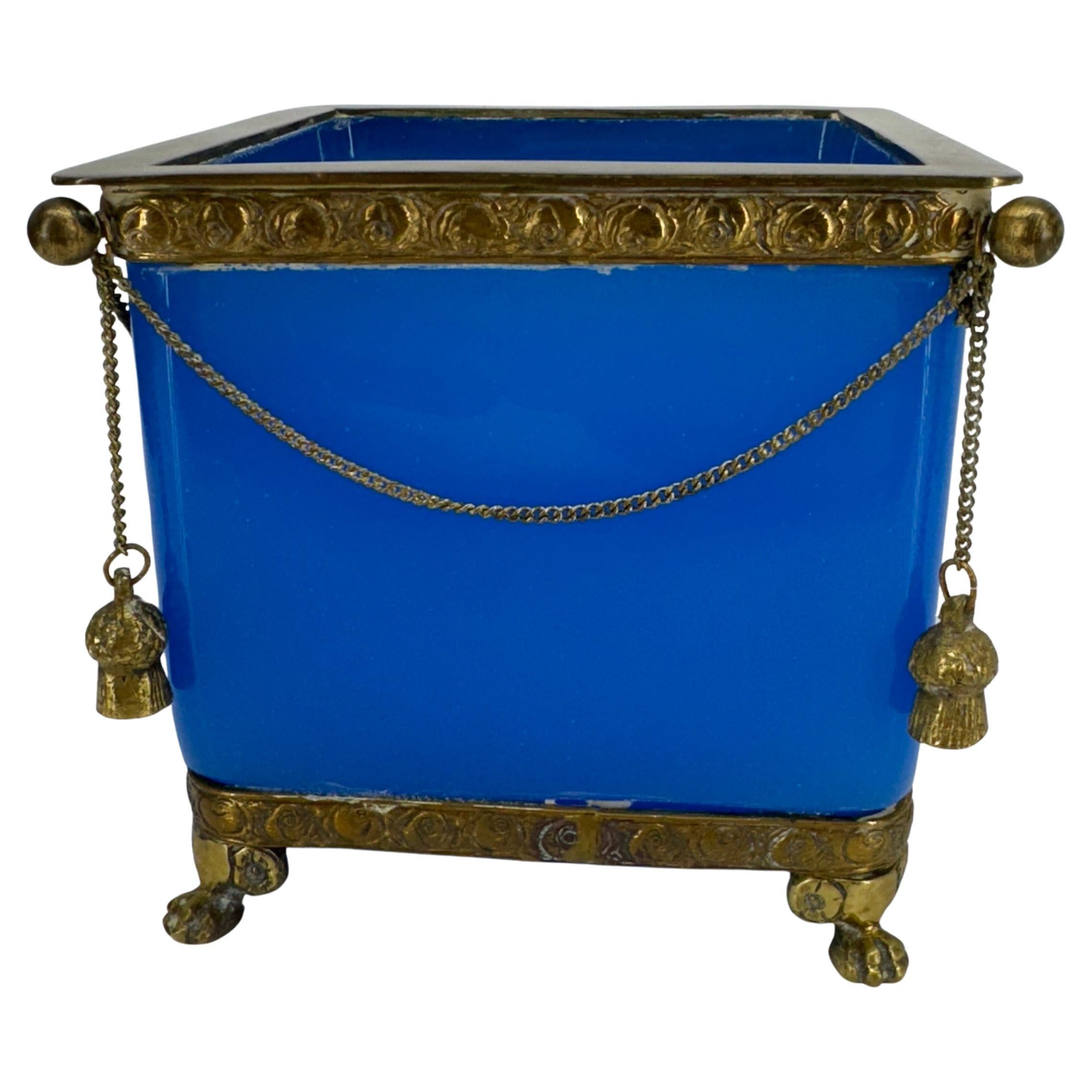 Belle Époque Blue Opaline Glass Cube and Gilted Brass Planter For Sale