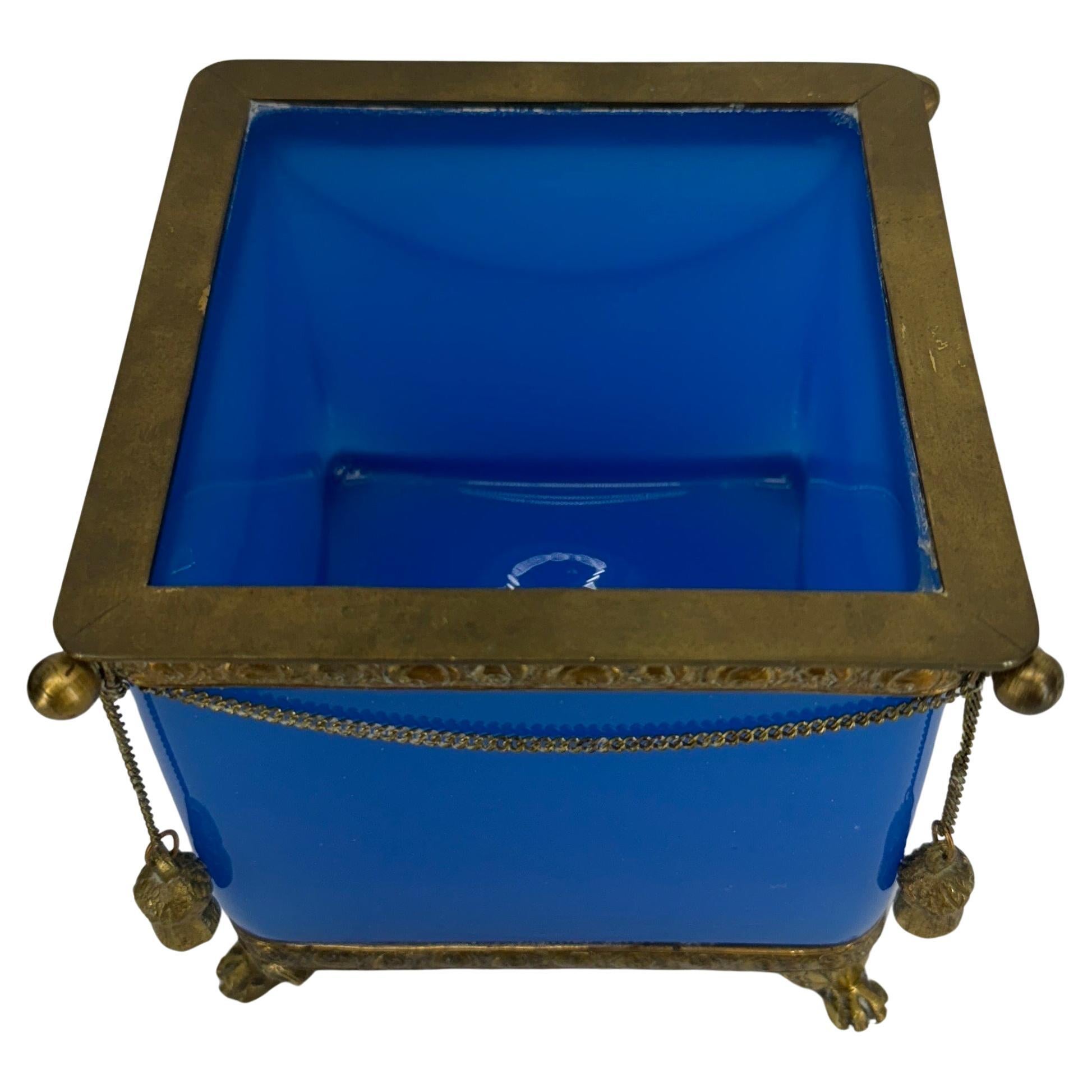 American Blue Opaline Glass Cube and Gilted Brass Planter For Sale