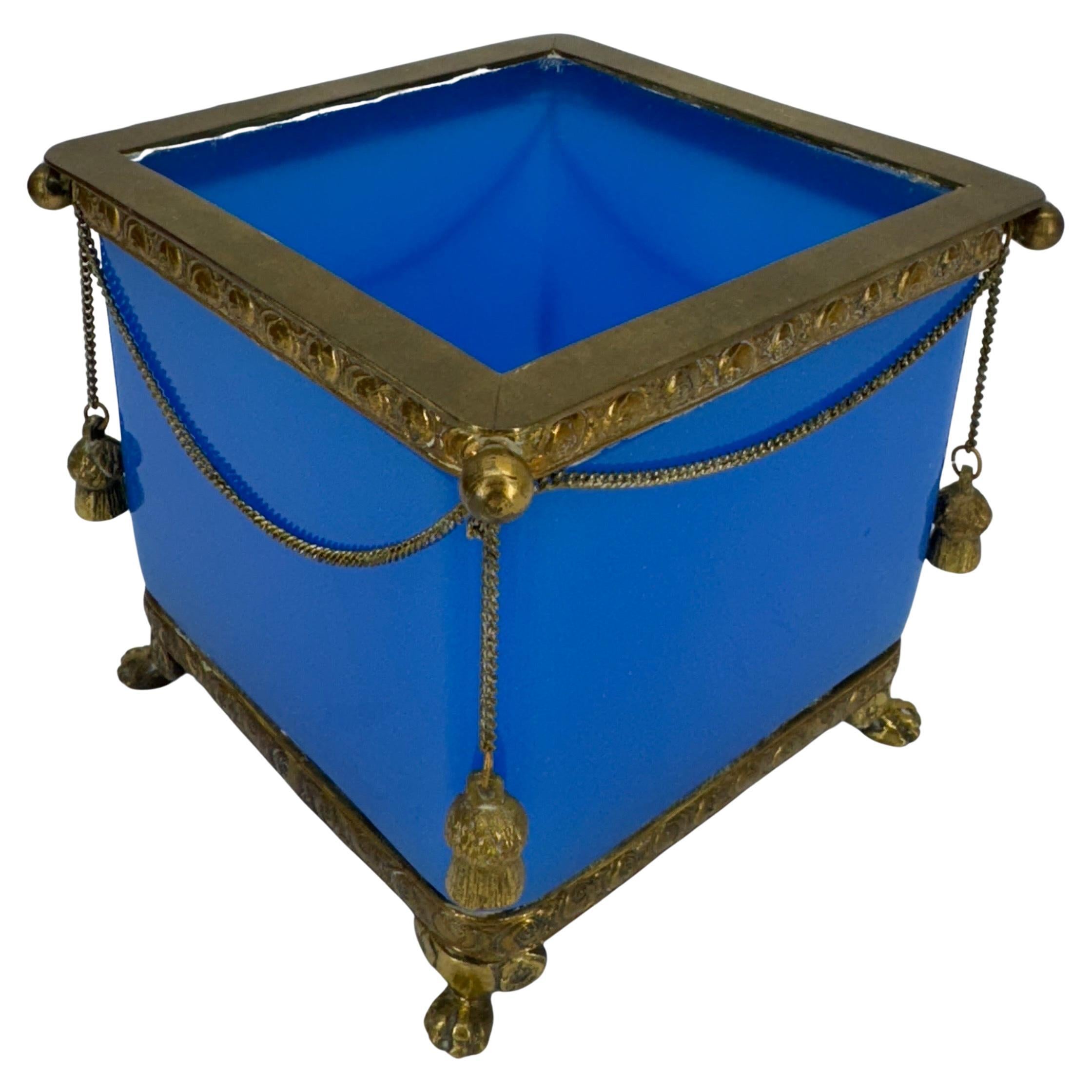 Blue Opaline Glass Cube and Gilted Brass Planter In Good Condition For Sale In Haddonfield, NJ