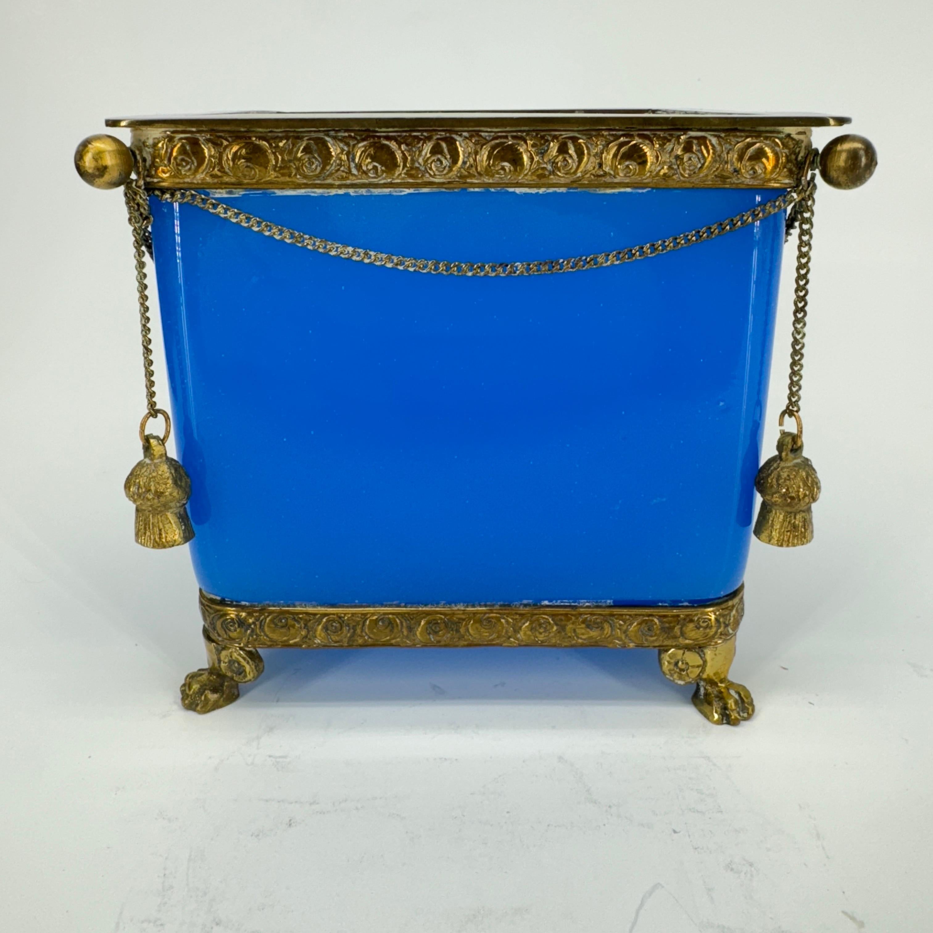 Early 20th Century Blue Opaline Glass Cube and Gilted Brass Planter For Sale