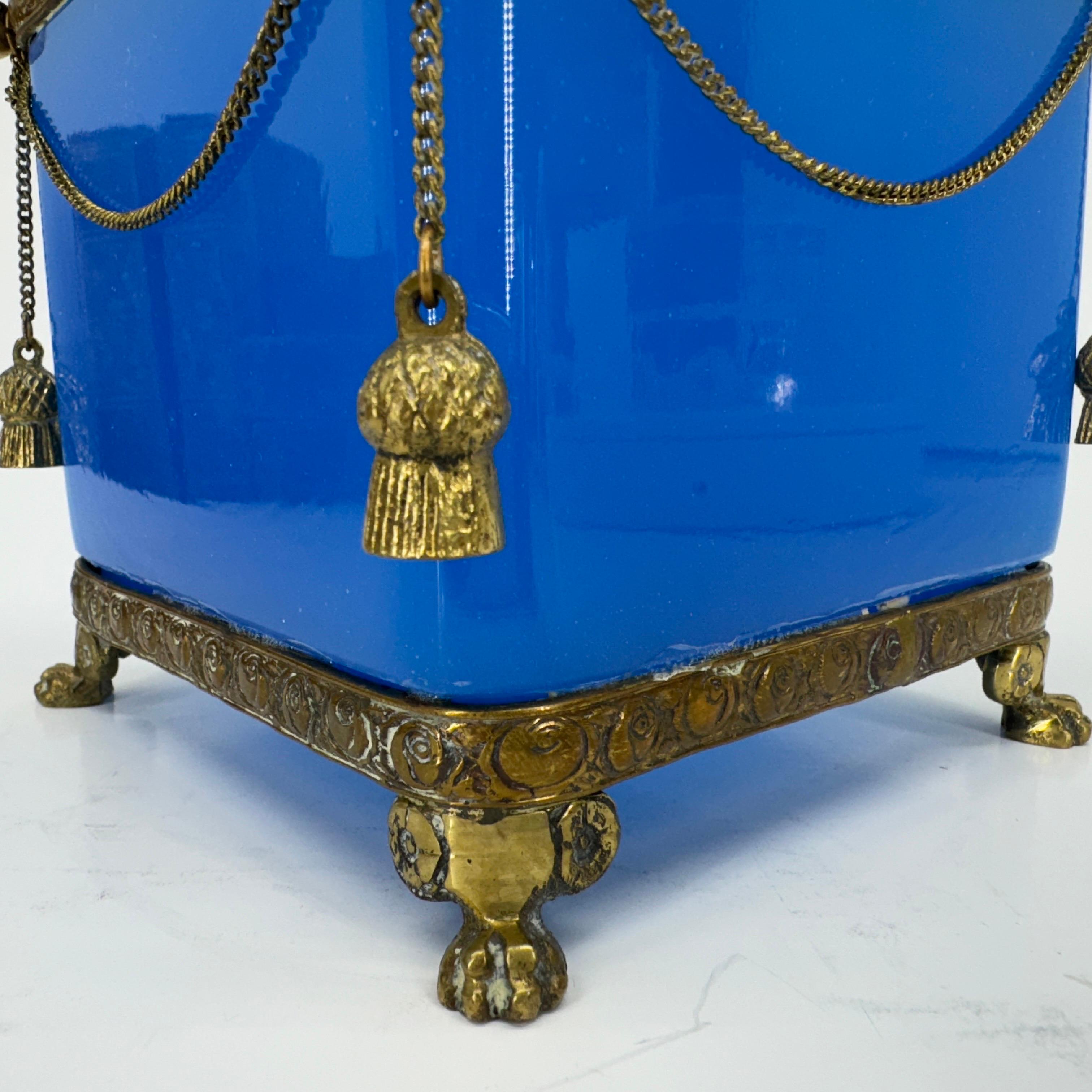 Blue Opaline Glass Cube and Gilted Brass Planter For Sale 2