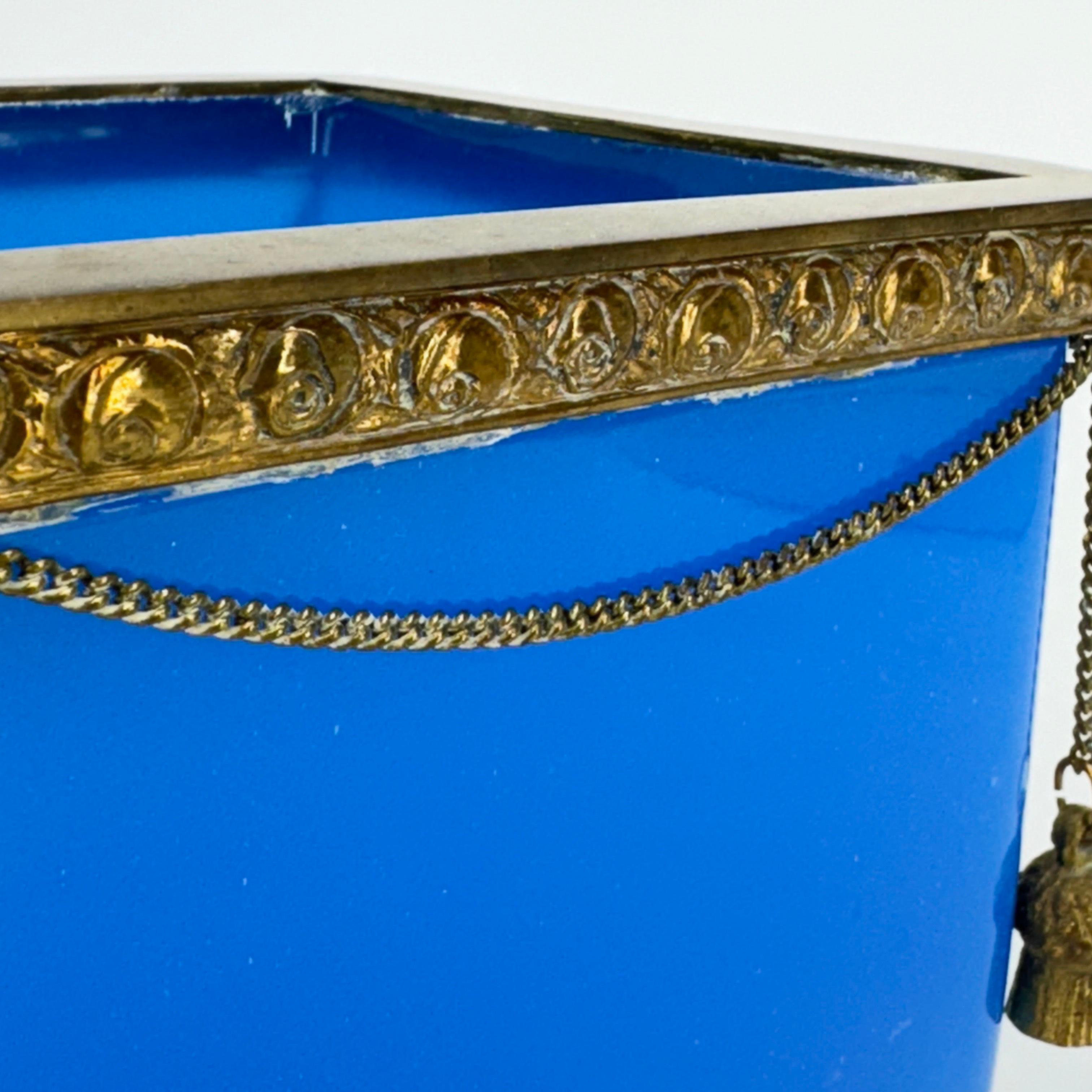 Blue Opaline Glass Cube and Gilted Brass Planter For Sale 3