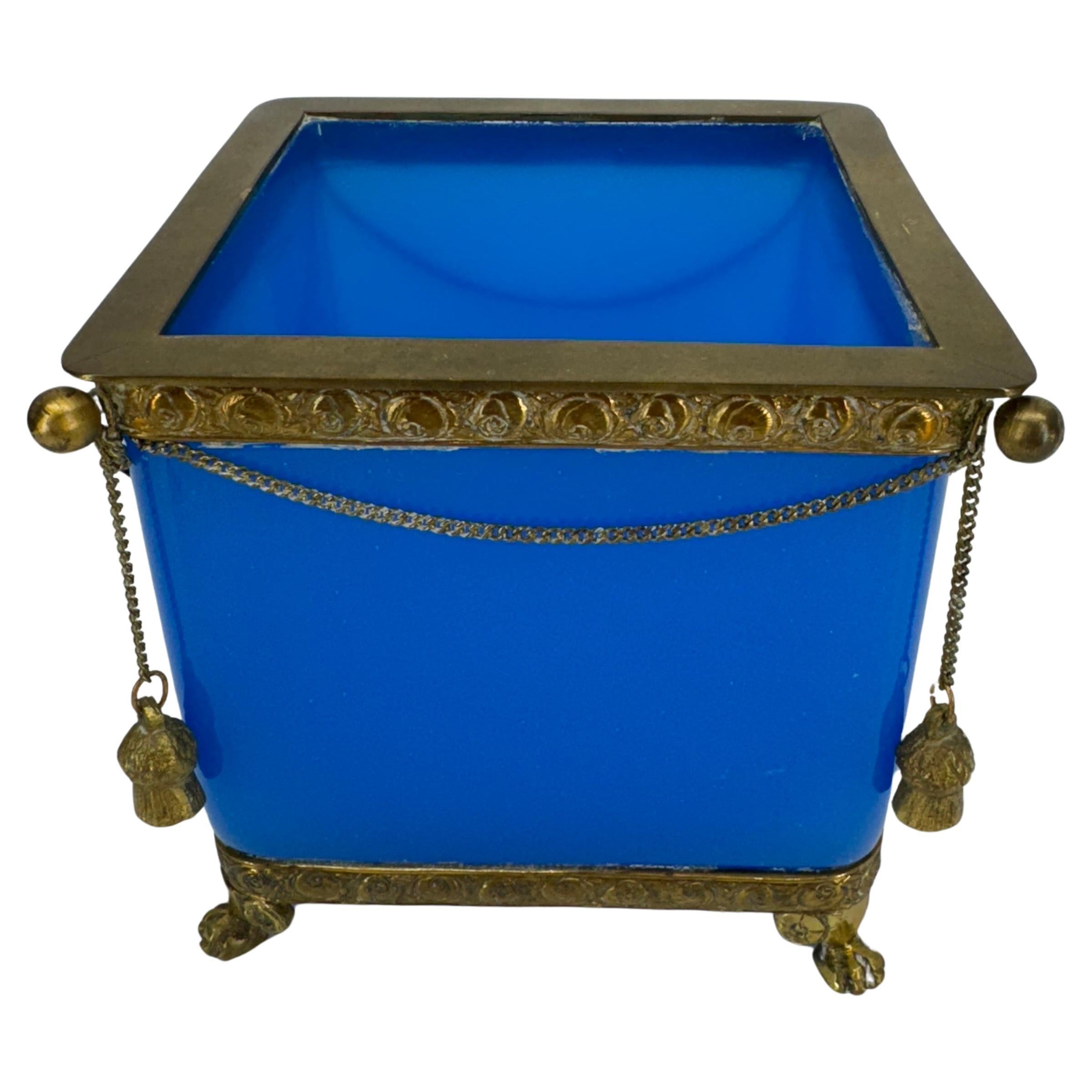Blue Opaline Glass Cube and Gilted Brass Planter For Sale