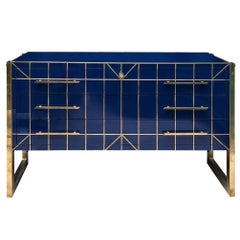 Blue Opaline Glass Italian Chest of Drawers with Brass Fittings, 1970s