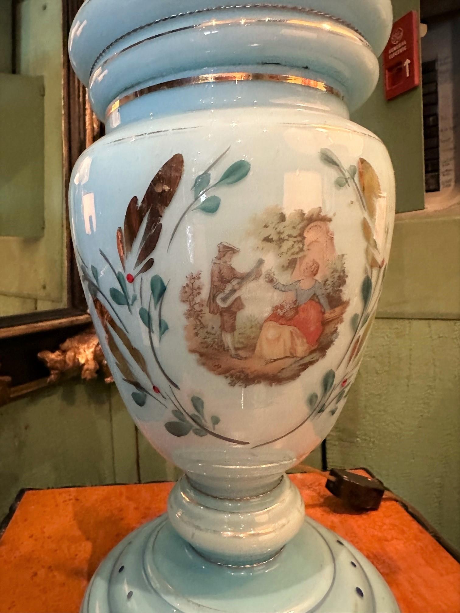 Blue Opaline Glass Side Table Mood Soft Light Lamp Vase Urn Form Decorative CA For Sale 7