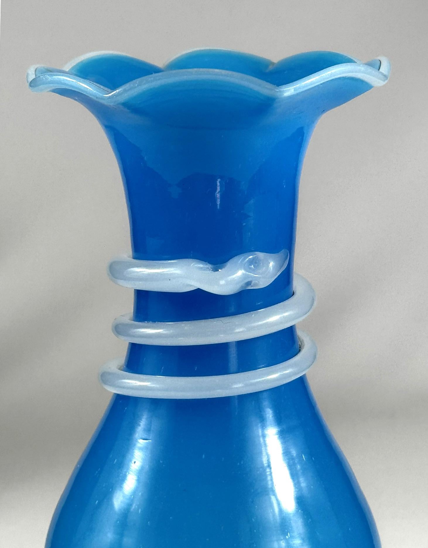 Hand-Crafted Blue Opaline glass vase with snake-shaped spiral  19 th century For Sale