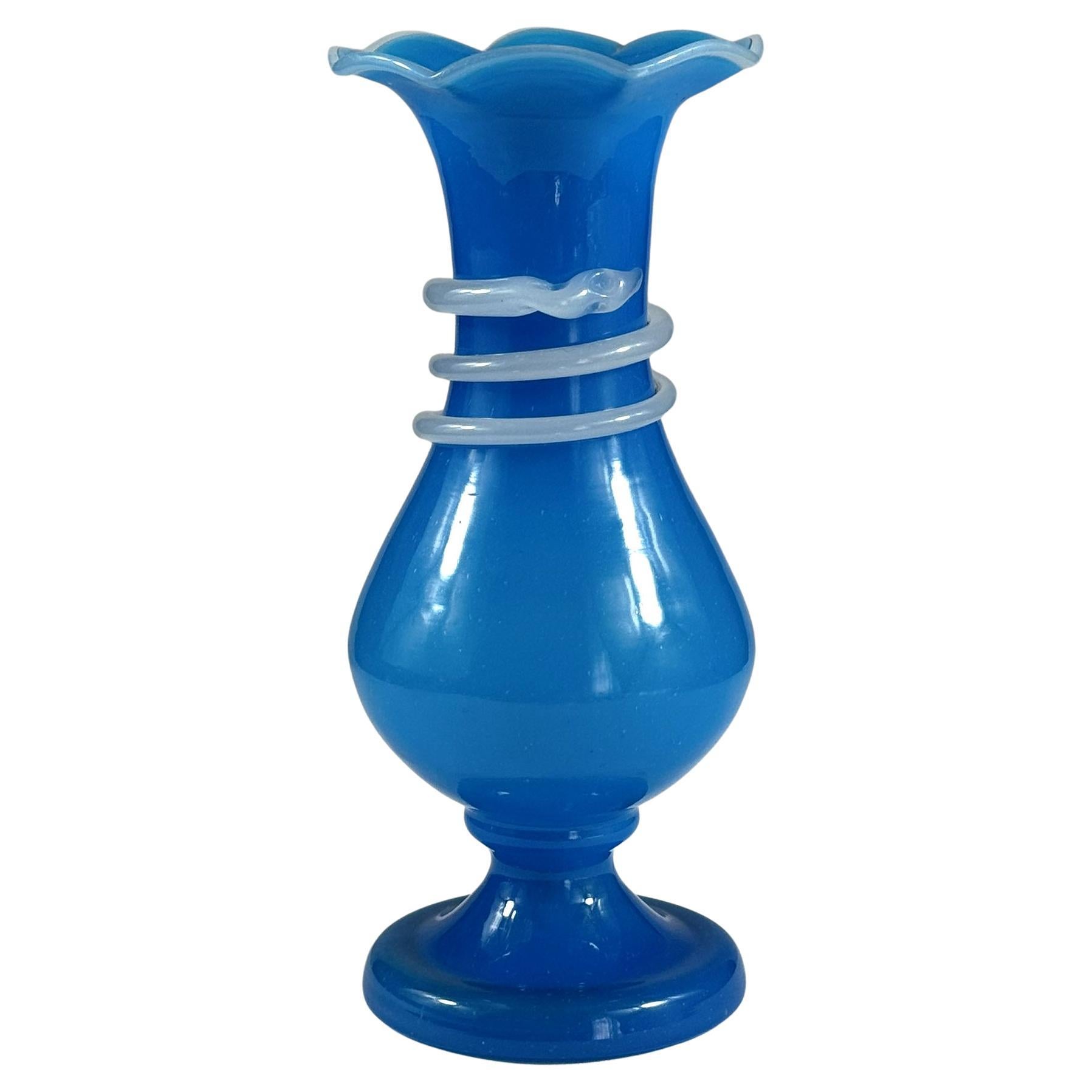 Blue Opaline glass vase with snake-shaped spiral  19 th century For Sale