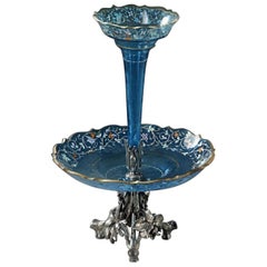 Blue Opaline Table Centerpiece and Silver Bronze Mounting