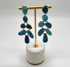 Blue Opals Diamond Halo 18 Karat Yellow Gold Drop Statement Unique Earrings