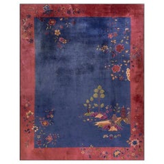 Blue Open Field Antique 1920s Walter Nichols Wool Chinese Art Deco 9' x 11'6"