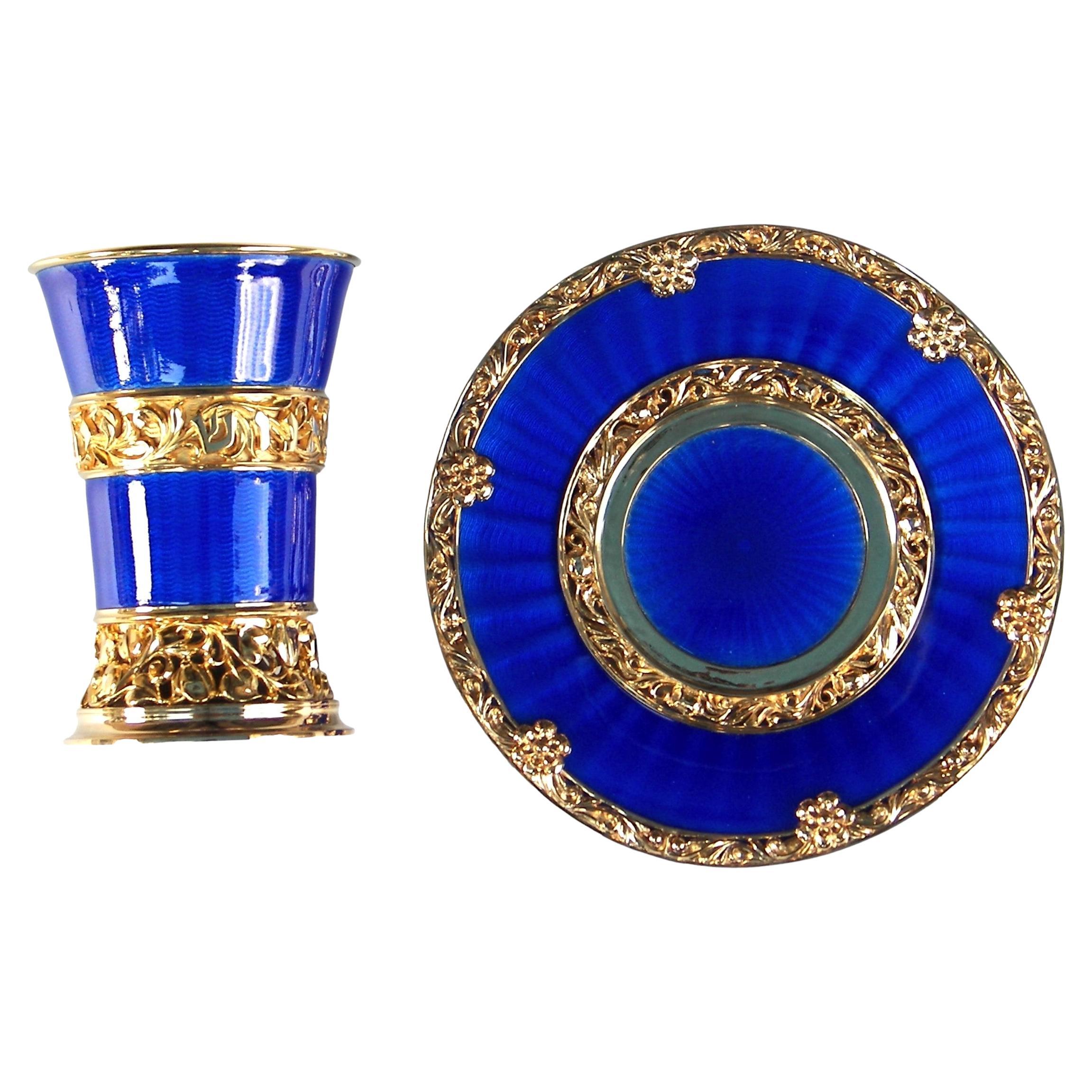Set de coupes et d
assiettes de Kiddush en argent 925 avec émail chaud bleu ou rouge