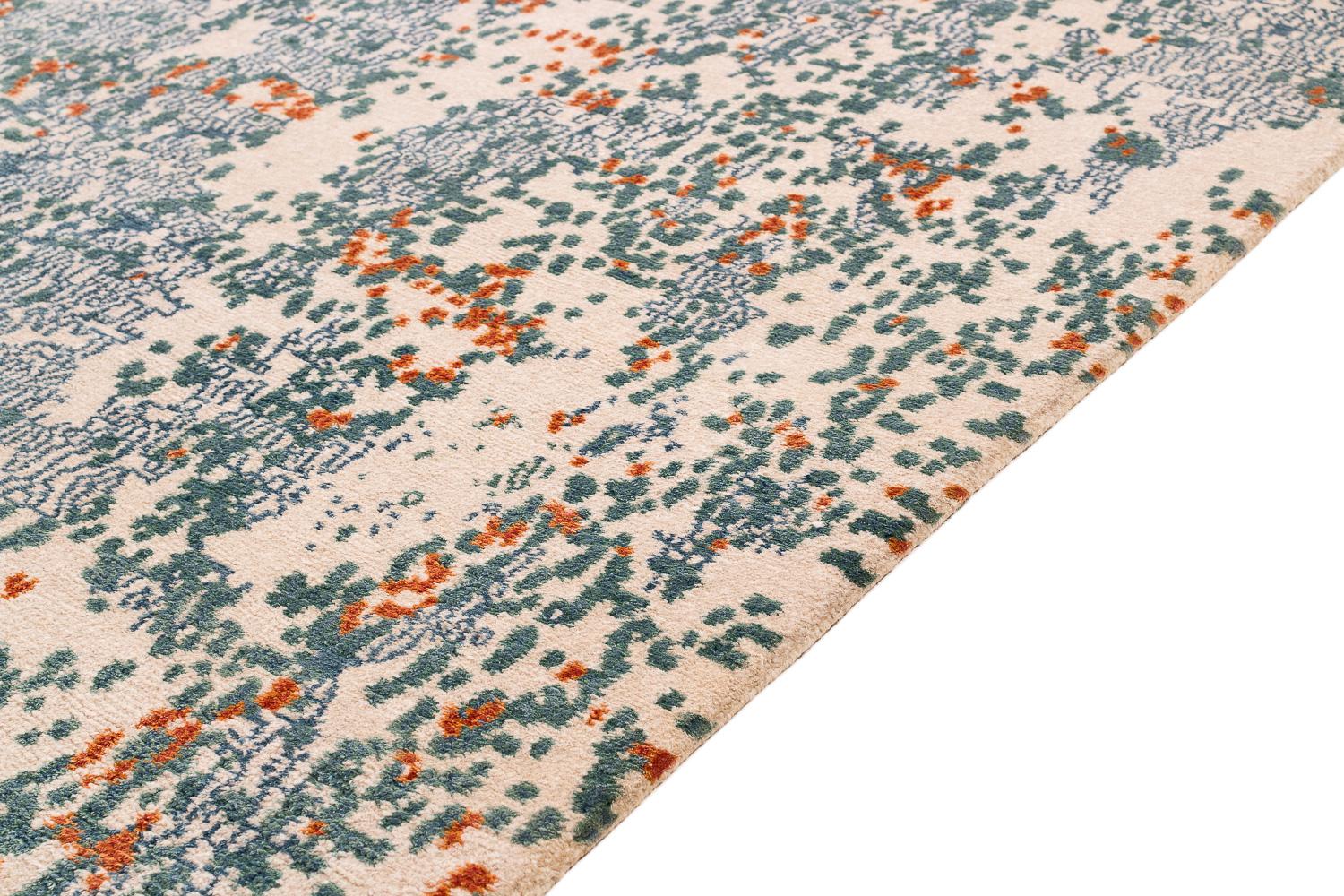 Nepalese Blue, Orange and White Wool and Silk Blend Abstract Rug