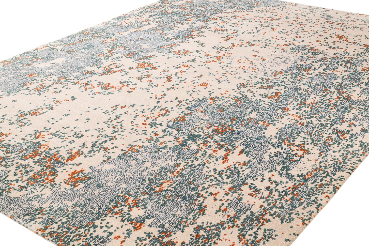 Hand-Woven Blue, Orange and White Wool and Silk Blend Abstract Rug