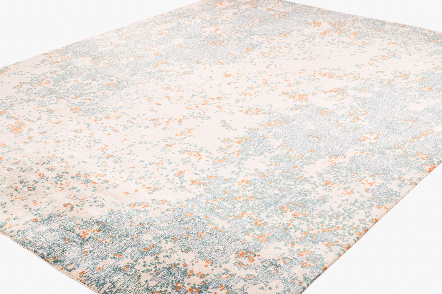 Blue, Orange and White Wool and Silk Blend Abstract Rug In New Condition For Sale In New York, NY