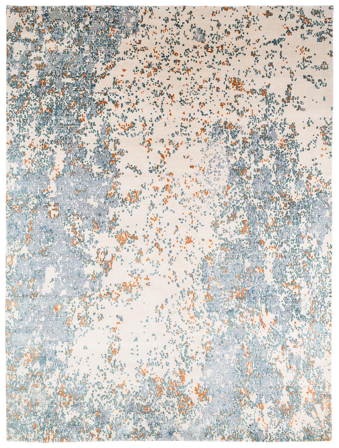 Contemporary Blue, Orange and White Wool and Silk Blend Abstract Rug For Sale