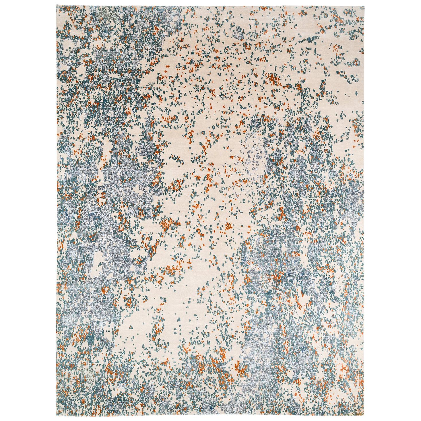 Blue, Orange and White Wool and Silk Blend Abstract Rug For Sale