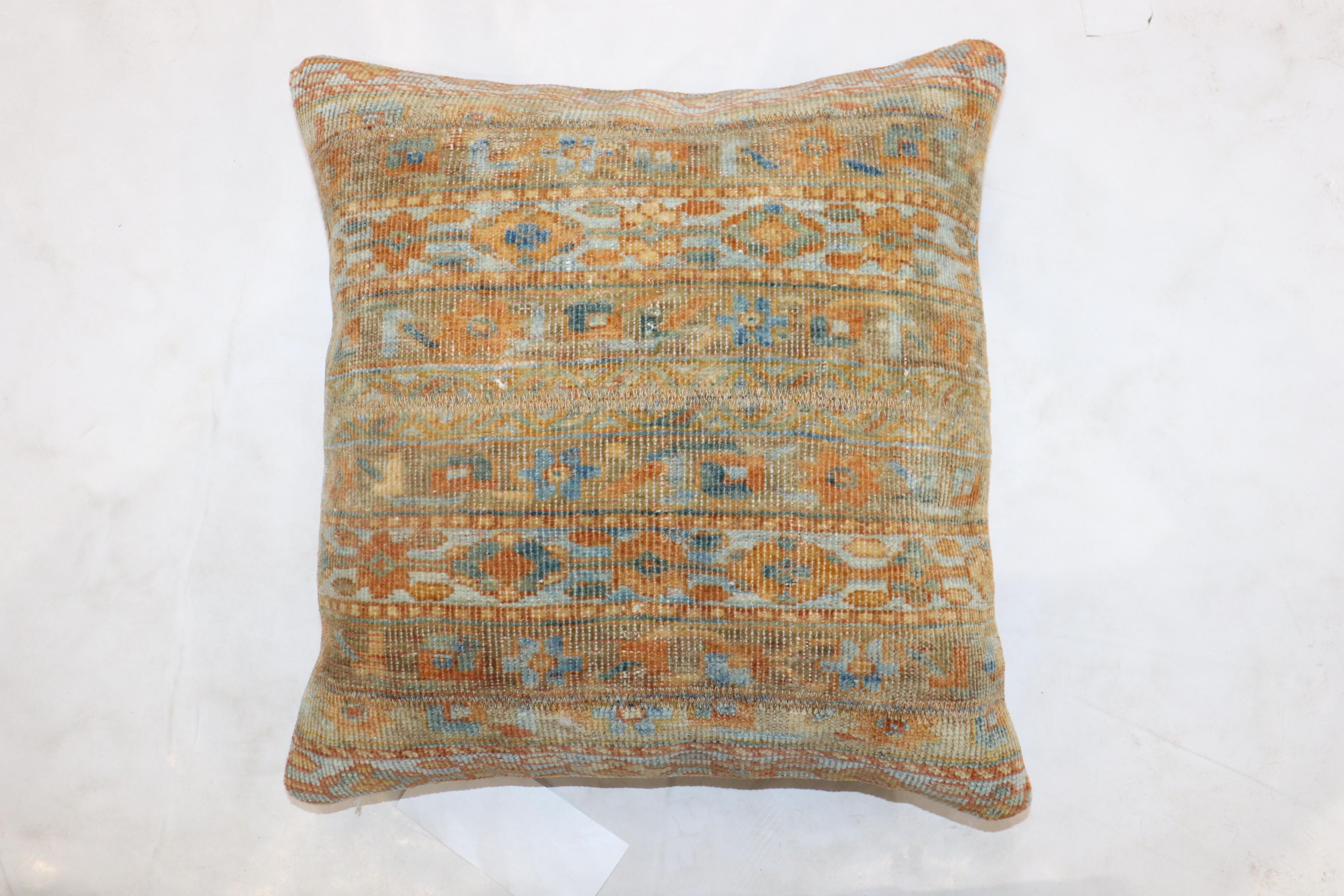 Pillow made from a Persian Malayer rug with light blue and orange accents.

Measures: 17